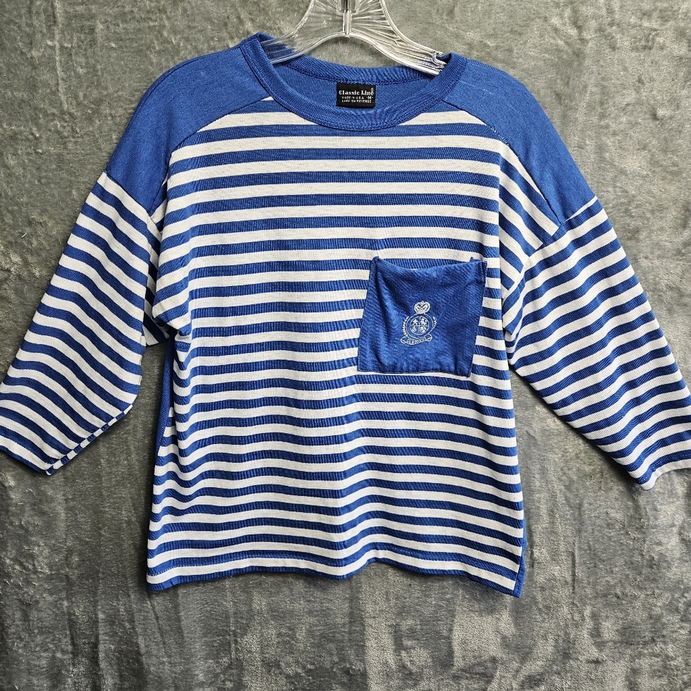 Classic Line Women's med Blue and White 3/4 Sleeve Tee with Striped Pattern USA